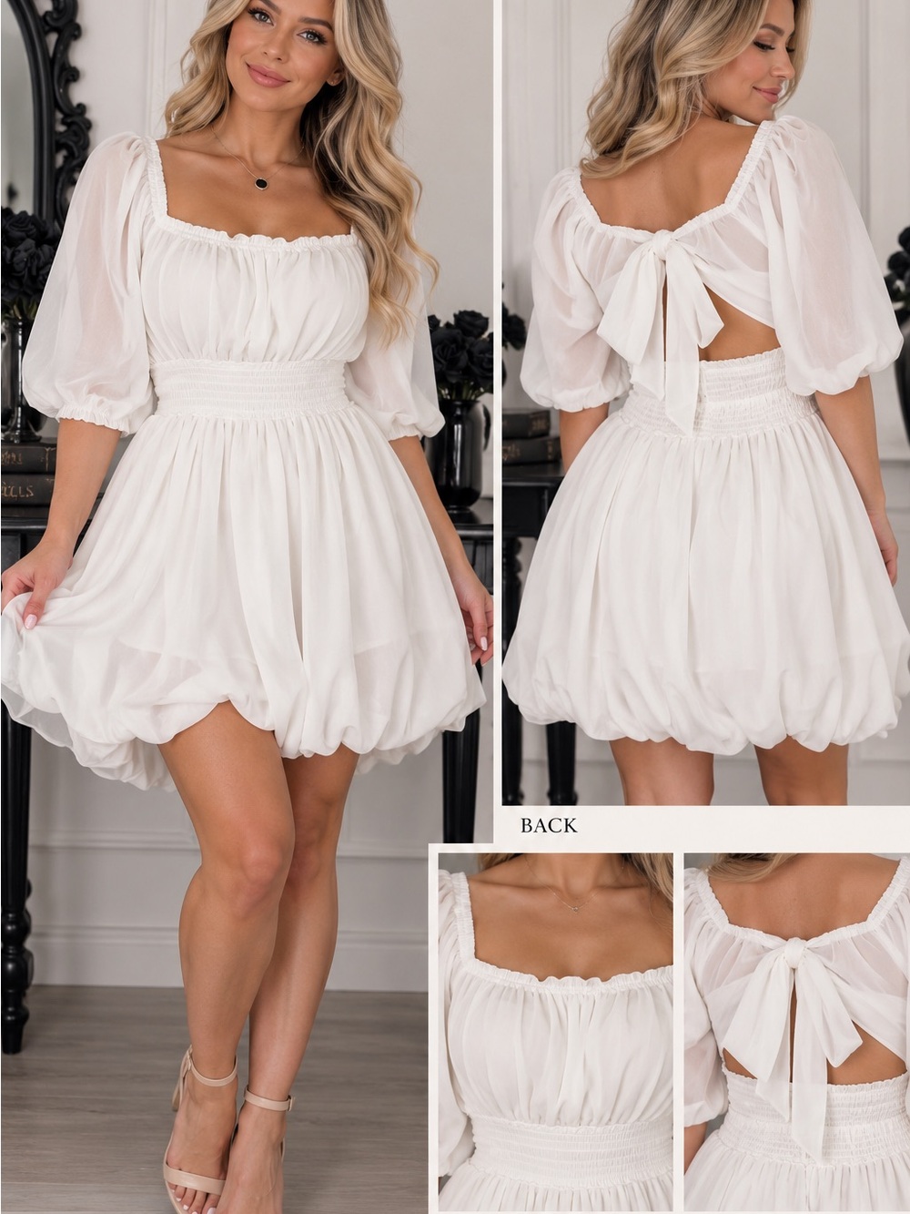 ASOS White Puff Sleeve Tie Back Midi Dress Size Large 12–14 NWT